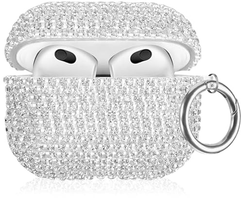 Custodia luccicante compatibile con AirPods di 3a generazione (2021), custodia per AirPods 3, con strass, da donna, antiurto, protettiva, graziosa custodia con portachiavi (argento)