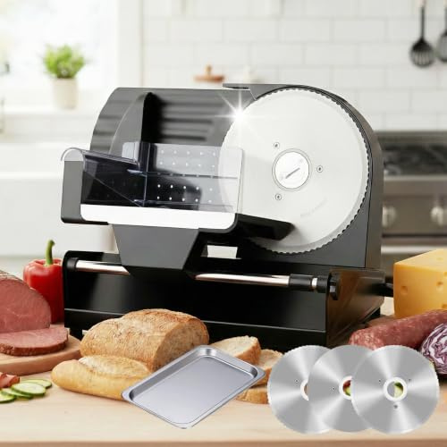MoaRise Electric Meat Slicer for Home, 19cm Food Slicer, 3 Blades & Tray
