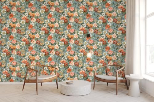 WPE® Vintage Floral Paste the Paper Wallpaper – Muted Duck Egg Blue & Teal Botanical Wall Covering – Classic Cabbage Roses, Terracotta Poppies & Hydrangeas for Accent Wall, 401515