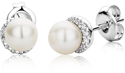 Miore Ohrringe Damen Ohrstecker Weißgold 9 Karat / 375 Gold Süßwasserperlen mit Diamant Brillianten