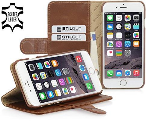 STILGUT Leder-Hülle kompatibel mit iPhone 6s Plus mit Kreditkarten-Fächern, Lasche und Standfunktion, Cognac