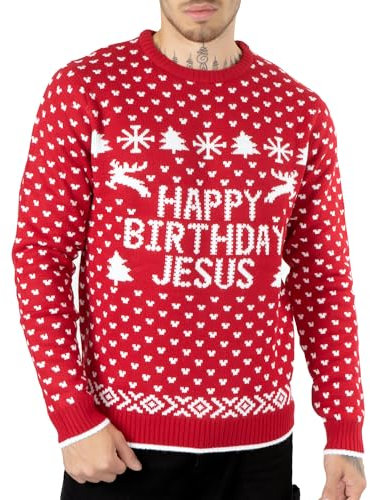 NOROZE Men's Novelty Happy Birthday Jesus Merry Christmas Jumper Santa Knitted Sweater Top (XL, Birthday Jesus Red)