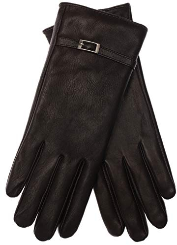 EEM Damen Lederhandschuhe, weiches italienisches Leder, Fleecefutter, Zierriegel, schwarz S