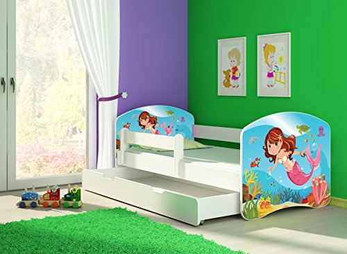 CLAMARO 'Fantasia Weiß' 180 x 80 Kinderbett Set inkl. Matratze, Lattenrost und mit Bettkasten Schublade, mit verstellbarem Rausfallschutz und Kantenschutzleisten, Design: 09 Meerjungrau