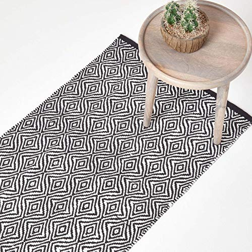 HOMESCAPES Retro Hallway Runner Handwoven Black & White Paper Chindi Rug ‘Trance’ Diamond Pattern Rug, 66 x 200 cm