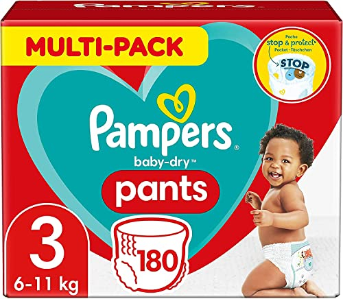 Pampers Windeln Pants Größe 3 (6-11kg) Baby-Dry, Midi, 180 Höschenwindeln mit Stop- und Schutz Täschchen, MONATSBOX (Verpackung kann variieren)
