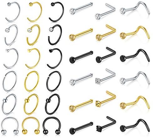D.Bella 18G Nasenpiercing 316L Chirurgenstahl Nasenringe Nasenstecker L Förmig Spirale Nase Stecker mit Strass Nasenpiercing Schmuckset Silber Gold Schwarz Farbe