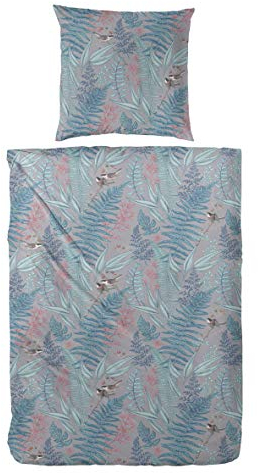 Hahn Fein Biber Bettwäsche Blau Taupe Vögelchen 135x200 + 80x80 cm