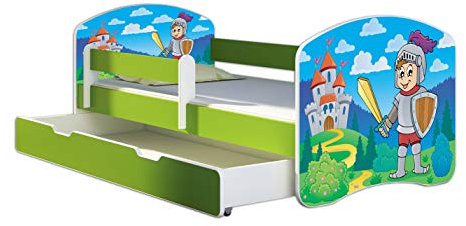 ACMA Kinderbett Jugendbett mit Einer Schublade und Matratze Grün mit Rausfallschutz Lattenrost II 140x70 160x80 180x80 (32 Ritter, 180x80 + Bettkasten)