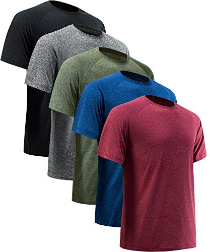MCPORO Workout Shirts for Men Short Sleeve Quick Dry Athletic Gym Active T Shirt Moisture Wicking 5 Pack Black, Dark Grey, Dark Blue, Army Green, Wine Red X-Large
