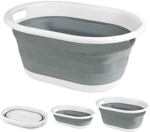 Crystals Collapsible Plastic Laundry Basket - Foldable Pop-Up Storage Container/Organizer - Portable Washing Tub - Space Saving Oval Basket Durable with Easy-Carry Handles, Hamper (Grey)