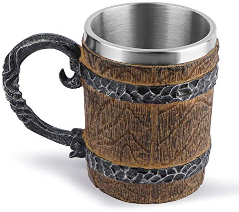 Stainless Steel Beer Mug with Handle 450ml Wooden Barrel Style Double Layer Beer Tankard Drinking Cup Personalized Whiskey Wine Cup for/Bar