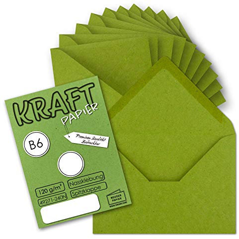 100x Vintage Briefumschläge in hellgrün (grün) DIN B6 125 x 178 mm Kraftpapier 120 g/m² Recycling Nassklebung Spitzklappe - UmWelt by GUSTAV NEUSER