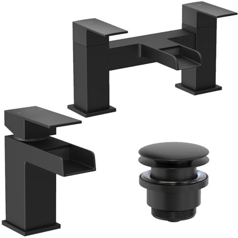 Architeckt® Dakota Bathroom Bath Filler Basin Sink Mixer Tap with Waste Set Waterfall Spout Modern Mono Square Lever Handle Faucet for Baths Sinks, Black