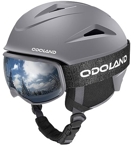 Odoland Ski Helmet with VLT 18% Ski Goggles for Skiing and Snowboard, Light Weight and Adjustable Ventilation Snow Helmet with Warm Fluffy Earpads for Men Women Adult and Youth Grey S