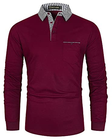 GHYUGR Men's Polo Shirt Long Sleeve Contrasting Plaid Splice Golf Tennis T-Shirt,Red,XXL