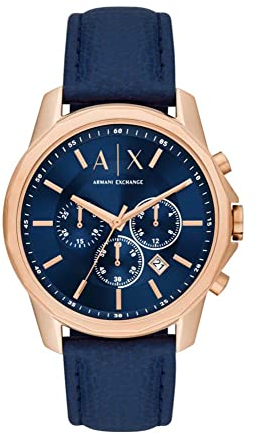 Armani Exchange Uhr für Herren , Chronographenwerk, 44mm Rose Gold Edelstahlgehäuse mit Lederarmband, AX1723
