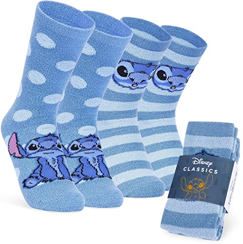 Disney Damen Socken, 2er Set Kuschelsocken Damen Flauschig mit ABS Mickey Minnie Baby Yoda Stitch (Blau Stitch)