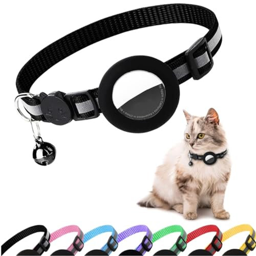 Airtag Cat Collar, Air tag Cat Collar with Bell and Safety Buckle in 3/8 Width, Reflective Collar with Waterproof Airtag Holder Compatible with Apple Airtag for Cat Dog Kitten Puppy (Black)