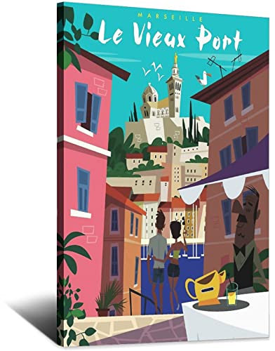 NMNM Poster de voyage vintage sur toile de Marseille Old Port France 40 x 60 cm