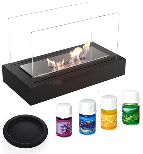 KRATKI Galina Chimenea de Bioetanol + Aceites de Aromaterapia y Recipiente Foso Independiente con 2 Cristales Biocontenedor 0,3lAcero con Recubrimiento en Polvo Certificado TÜV 35 x 21 cm Negro