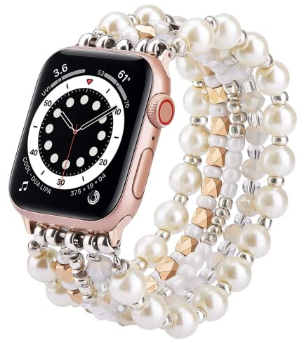 VVISOOM Armband Kompatibel mit Apple Watch Armband 42mm/44mm/45mm 38mm/40mm/41mm Glitzer Schmuck Perlen Elastisch Ersatzarmband iWatch Armband für Series 8/7/SE/6/5/4/3/2/1 Damen,45/44/42mm Perlweiss