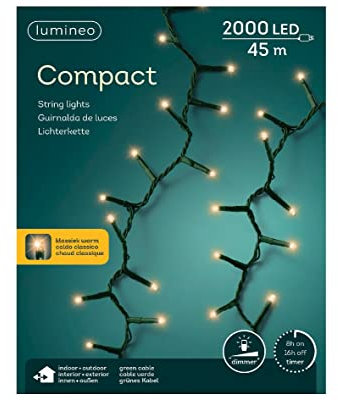 Lumineo Lichterkette Compact klassisch warm - 2000 LED's - 45 Meter - grünes Kabel - Indoor & Outdoor - Timer - dimmbar -IP44