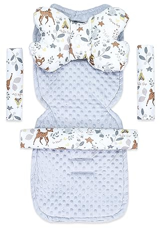 Sitzauflage Kinderwagen Einlage - Buggy Auflage Sitzeinlage für Kindersitz atmungsaktiv universal Set mit Gürtelschutz 75 x 35 cm Weiß Hirsch