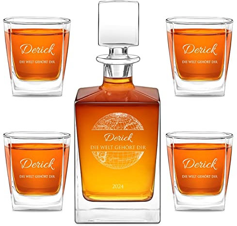 Maverton Whiskey Dekanter 810 ml + 4 / 6er Whisky Gläser Set mit Gravur - personalisiertes Whisky Karaffe Set für Männer - Glas Karaffe mit Gläsern für Whiskygenießer - Welt