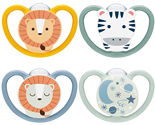 NUK Space Day & Night Babyschnuller | 6-18 Monate | Im Dunkeln leuchtende Schnuller mit zusätzlichen Öffnungen für sensible Haut | BPA-freies Silikon | Zebra & Löwe | 4 Stück