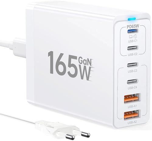 USB C Ladegerät Mehrfach, 165W 6 Port Ladegerät [4USB-C + 2USB-A] 65W Typ C Netzteil, USB C Ladestation Power Adapter Kompatibel mit MacBook/iPhone 15/16/Galaxy S23/S24/Laptop/Tablet