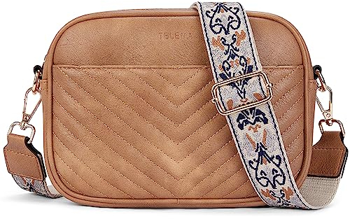 Telena Sac à bandoulière pour téléphone portable pour femme, avec large sangle réglable, en cuir synthétique, matelassé, pour femme, Marron camel A, Crossbody