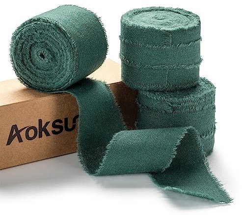 AOKSUNOVA Schleifenband Hochzeit Dunkelgrün 3,8cm Geschenkband Breit Baumwolle Stoffband Fransenband