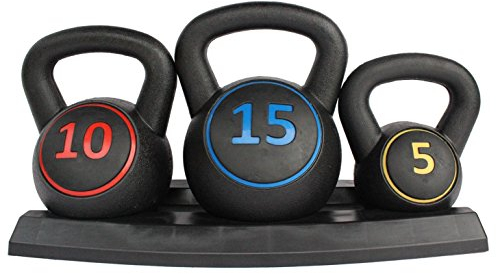 FUNJEPE 3pce Kettlebell Weight Set with Stand for Cross Lifting Training, MMA Training, Home Exercise,Home Gym Strength Training - 5, 10 & 15lbs (2.2kg, 4.5kg & 6.8 kg)