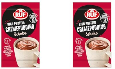 RUF High Protein Cremepudding Schoko, Schoko-Pudding aus der Tasse mit 13g Protein pro Portion, einfache Zubereitung ohne Kochen, glutenfrei, 1 x 59g (Packung mit 2)