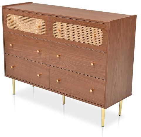 kubeier Wohnzimmerschrank Sideboard Nussbaum Schrank mit 6 Schubladen, Kommode Anrichte Schrank Mehrzweckschrank Beistellschrank Standschrank Wohnzimmer Schlafzimmer Flur Esszimmer