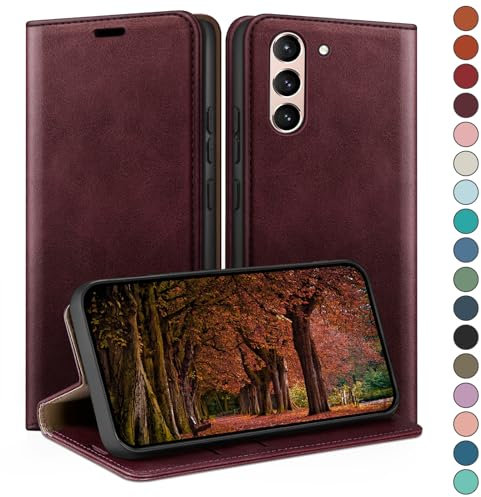 HUOUH für Samsung Galaxy S21 Hülle mit RFID Schutzhülle aus Lederhülle Handyhülle,360 Grad Schutz Case,Kartenfach Leder ständer Handy hülle für Samsung S21 Klapphülle Wallet Cover Rotwein