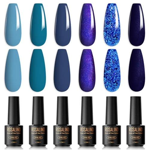 ROSALIND Smalto Semipermanente Per Unghie Blu,6 Color Mini Blu Lago Blu Navy Glitter Blu Scuro Primavera Verano,Soak Off UV/LED Lampada Diy Manicure Nail Art Set