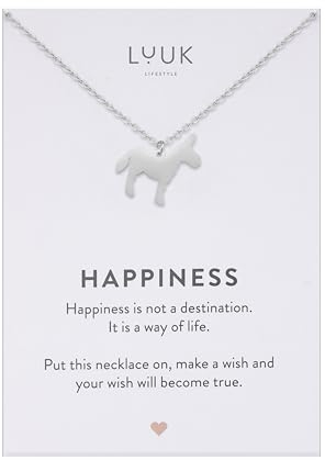LUUK LIFESTYLE Moderne Halskette mit Esel Plättchen und HAPPINESS Spruchkarte, moderner und zeitloser Stil, Tier Motiv, Damenschmuck, Silber
