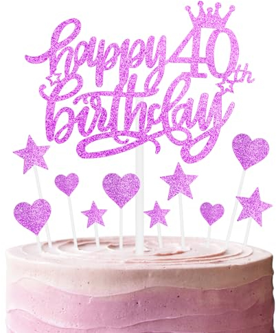 Happy 40th Birthday Cake Toppers - Glitter Heart Stars & Cupcake Toppers for Women's 40th Birthday Cake Decorations
