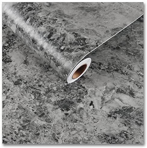CRE8TIVE Charcoal Grey Marble Wallpaper 60cm x 300cm Glossy Vinyl Wrap for Furniture Thick Peel and Stick Wallpaper Waterproof Contact Paper Self Adhesive Worktop Vinyl Covering Bathroom Kitchen