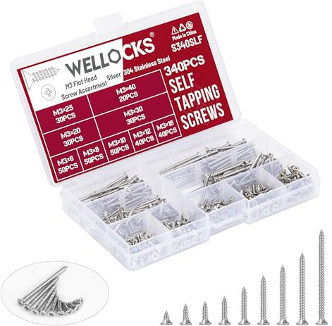 WELLOCKS Selbstschneidende Schrauben | 340 PCS M3 Edelstahl Schrauben Sortiment Kit | Flacher Kopf Blechschrauben Holzschrauben Set Aufbewahrungsbox | für Reparatur Hausgemachte (S340SLF)