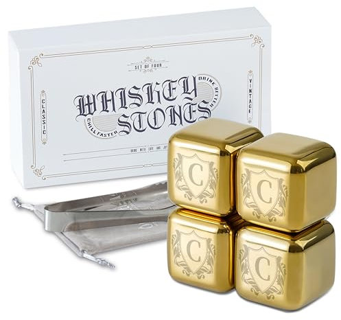 Onebttl Whiskey-Steine Golden mit Initiale - 4 Stück Edelstahl-Eissteine, einzigartiges Geschenk für Männer und Frauen, perfekt für Whisky-Liebhaber zu Weihnachten, Geburtstag - S