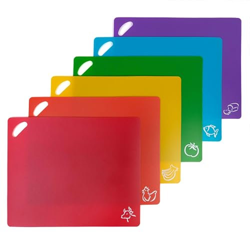 Plastic Cutting Board - six Units, Pcs Flexible Chopping Board Mats with Food Icons, Non-Slip Antimicrobial Easy Hanging Boards, Dishwasher Safety