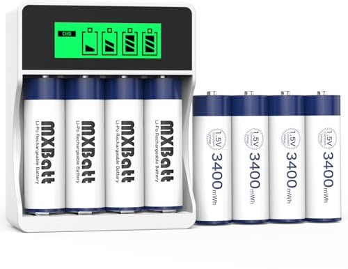 MXBatt Pile Ricaricabili Lithium AA con Caricabatterie, 1,5V 3400mWh ad Alta Capacità 8 Confezioni di Batterie al Litio AA Ricaricabili