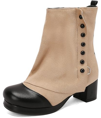 MJIASIAWA Donna Punta Rotonda Moda Denim Stivali Chelsea Block Tacco Medio Comodo Plateau Inverno Con Risvolto Stivaletti Zip Beige Numero 47 EU/49 Asiatico