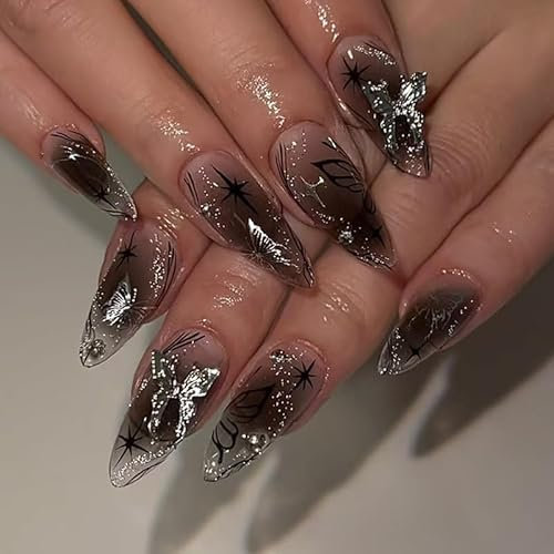 24STK Press on Nails Lang Mandelform Nägel Schwarz Ombre Fingernägel zum Aufkleben Glitzer Silber Künstliche Nägel Schmetterlings Strassstein Fake Nails Klebe Nägel Nagelspitzen Damen Nagel Zubehör