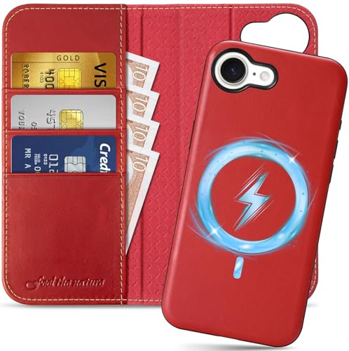 SHIELDON Abnehmbare Case für iPhone 17e/iPhone 16e 6,1, Retro Rot | 2 IN 1 Hülle, Kabelloses Laden, RFID Blocker, 3 Kartenfächer, Stoßfest, Magnetverschluss, Klappbar Ledertasche