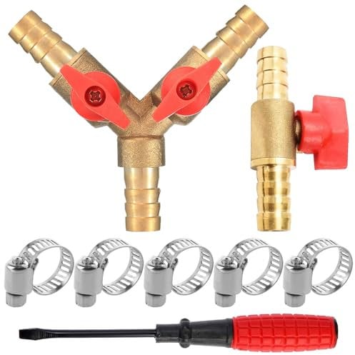 Valvola a Sfera 3 Vie 10mm e Raccordo a 2 Vie 10mm con 5 Fascette Portagomma 6-12mm Raccordo y Ottone Adattatore Tubo Connettore Deviatore per Tubi per Raccordi da Carpenteria Aria Acqua Gas