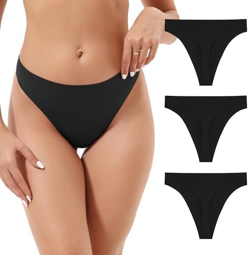 INNERSY Periodenunterschwäsche Tanga Schwarz Seamless Periodenslip Thong ohne Naht Mikrofaser 3 Pack (M, 3 Schwarz)